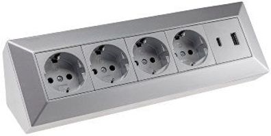 4-fach Steckdosenblock USB-A+C silber 250V /16A Aufbaumontage USB 3,1A