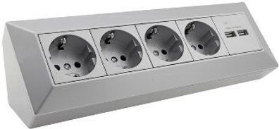 4-fach Steckdosenblock + 2x USB, silber, ideal für Arbeitsplatten