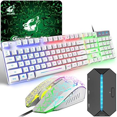 Gaming-Tastatur- und Maus-Set mit Adapter, QWERTZ, deutsches Layout, farbige Hintergr