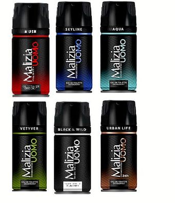 Malizia Uomo Dream-Set Deo 6x150 ml Vetyver, Musk, Aqua, Gold, Urban Life, Skyline