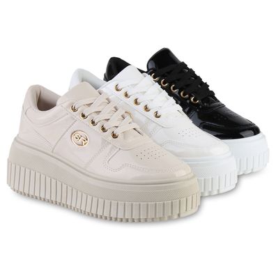 VAN HILL Damen Plateau Sneaker Schnürer Lack Profil-Sohle Wedge Schuhe 841529