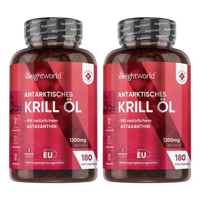 Omega-3 Krillöl - 2er-Pack, 360 Kapseln - 1200mg mit Astaxanthin & Cholin