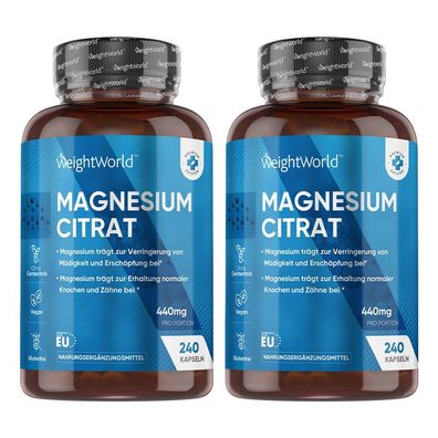 Magnesium Citrate - 2er-Pack, 480 Kapseln - 440mg elementares Magnesium täglich