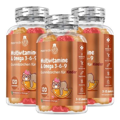 Multivitamin Gummibärchen für Kinder - 3er-Pack, 120 Bärchen - Mit Omega 3, 6, 9 & Vi