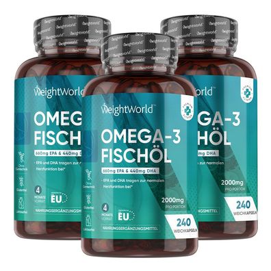 Omega 3 Kapseln - 2000mg Fischöl mit 1100mg Omega-3 - 240 Softgels - 3 Flaschen