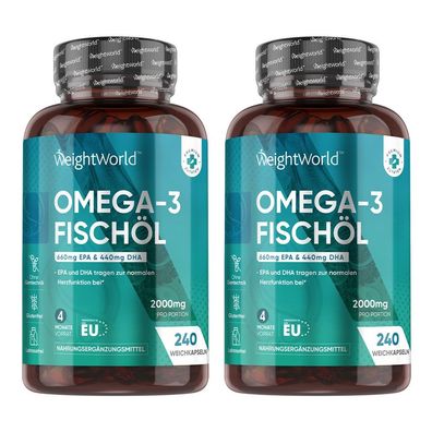 Omega 3 Kapseln - 2000mg Fischöl mit 1100mg Omega-3 - 240 Softgels - 2 Flaschen