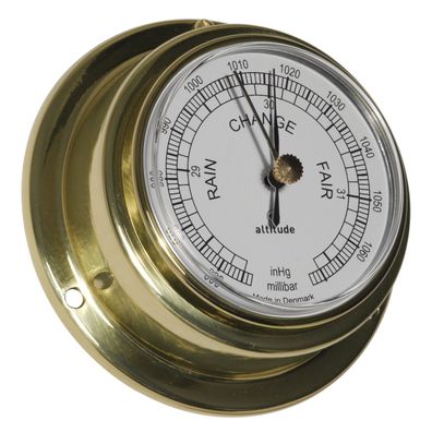 Barometer Altitude Messing poliert, weisses Zifferblatt, D 95 mm, Tiefe 40 mm