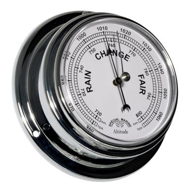 Barometer Altitude Messing verchromt, weisses Zifferblatt, D 125 mm, Tiefe 50 mm