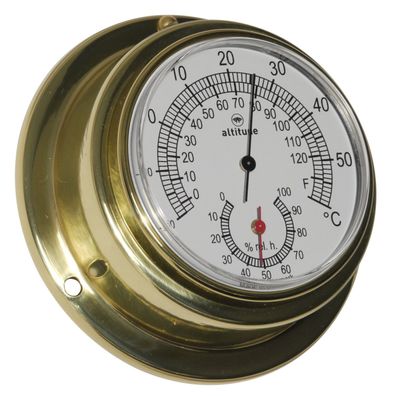 Thermometer/Hygrometer Altitude Messing, weisses Zifferblatt, D 95 mm, T 40 mm