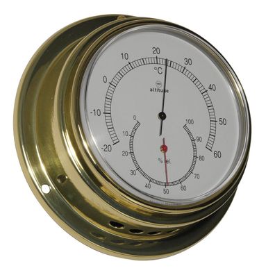 Thermometer/Hygrometer Altitude Messing, weisses Zifferblatt, D 125 mm, T 50 mm