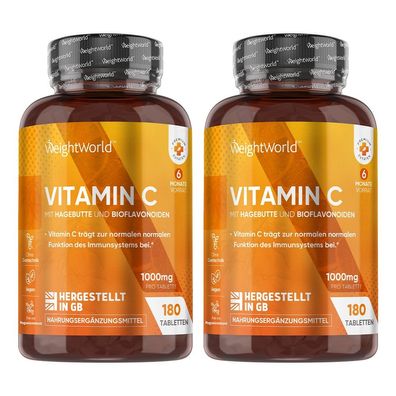 Vitamin C 1000mg pro Tablette - Haut, Immunsystem - 180 vegane Tabletten - 2 Flaschen