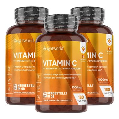 Vitamin C 1000mg pro Tablette - Haut, Immunsystem - 180 vegane Tabletten - 3 Flaschen