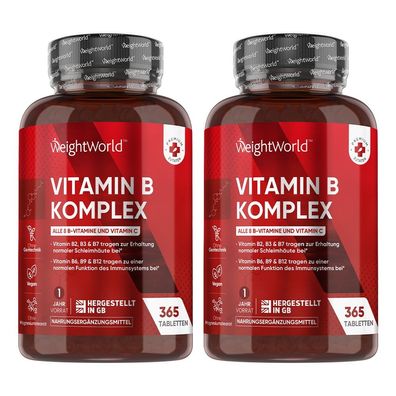 Vitamin B Komplex mit Vitamin C - 365 Tabletten -1 Jahr Vorrat & Vegan - 2 Flaschen