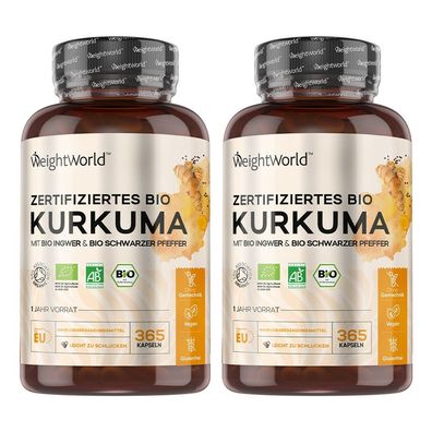 Bio Kurkuma Kapseln - 365 Turmeric Capsules - 1 Jahr Vorrat - 2 Flaschen- WeightWorld