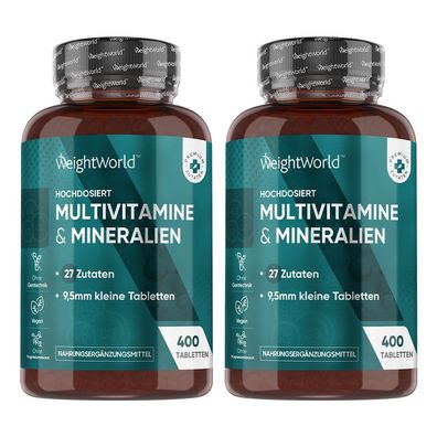 Multivitamin Tabletten - 400 Stück, Vegan mit 27 Zutaten - 2 Flaschen