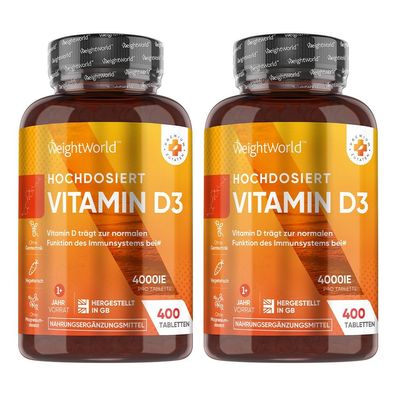 Vitamin D3 4000 IE - 400 Tabletten (1 Tablette alle 4 Tage) - WeightWorld -2 Flaschen