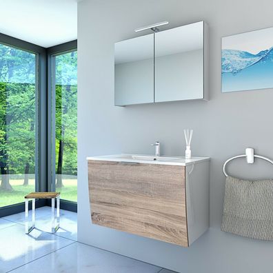 Badmöbel Set Gently 1 V1 Weiß/Eiche MDF Waschtisch 80cm