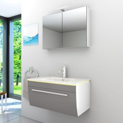 Badmöbel Set Gently 3 V1 Weiß/Grau MDF Waschtisch 80cm