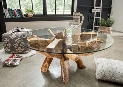 Couchtisch 100cm "Nemo" Glas & Teak