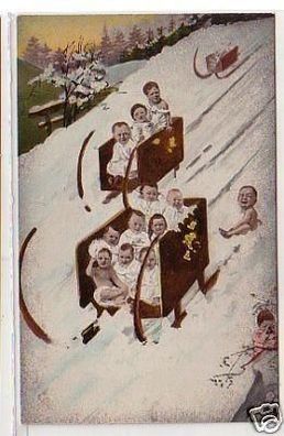 31230 Humor Ak Babys im Hörner Schlitten um 1910