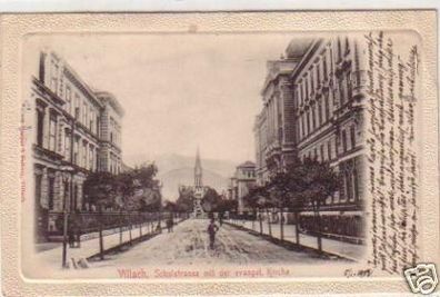 30989 Ak Villach Schulstraße mit evangel. Kirche 1903