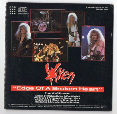 Vixen Promo Picture CD EDGE OF A BROKEN HEART 1988 Heavy Metal Cardsleeve 2-trck