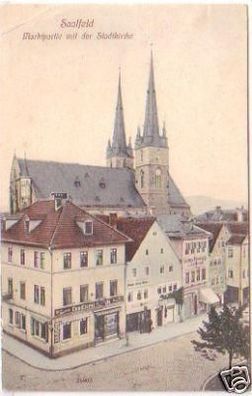 26333 Ak Saalfeld Marktpartie mit der Stadtkirche 1910