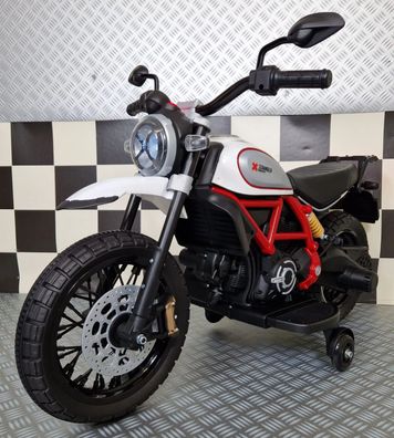 Ducati Scrambler Elektro Kinder Motorrad mit Seitenrad 12V Federung Musik MP3