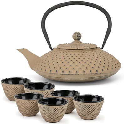 Tee Set Gusseisen sandfarbene induktive 1.25 Liter Teekanne mit 6 Teebecher