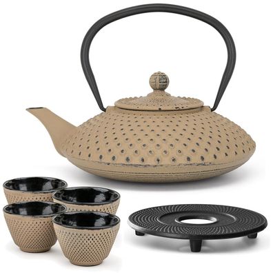 Tee Set Gusseisen sandfarbene 1.25 Liter Teekanne mit 4 Teebecher & Untersetzer