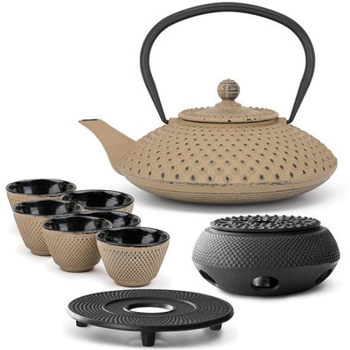 Bredemeijer Asia Teekanne Set Gusseisen 1,25 L grau 6 Becher Untersetzer Set