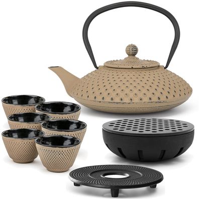 Bredemeijer Asia Teekanne Gusseisen 1.25 Liter grau Set & 6 Becher & Teewärmer