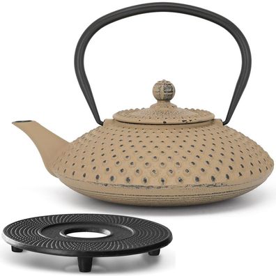 Große flache Asia Teekanne Set Gusseisen Induktion 1.25 Liter sandfarben & Untersetze