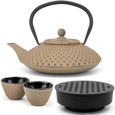 Flache Gusseisen Teekanne Induktion 1.25 Liter sandfarben Set & 2 Teebecher & Teewärm