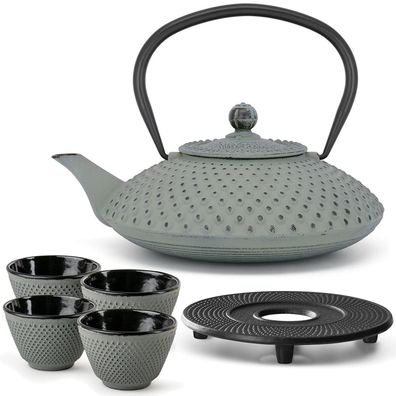 Tee Set Gusseisen hellgrüne 1.25 Liter Teekanne mit 4 Teebecher & Untersetzer