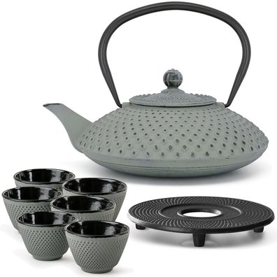 Tee Set Gusseisen hellgrüne 1.25 Liter Teekanne mit 6 Teebecher & Untersetzer