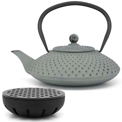 Flache Asia Teekanne Set Gusseisen Induktion 1.25 Liter hellgrün mit Teewärmer