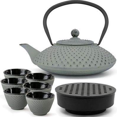 Flache Gusseisen Teekanne Induktion 1.25 Liter hellgrün Set & 6 Teebecher & Teewärmer