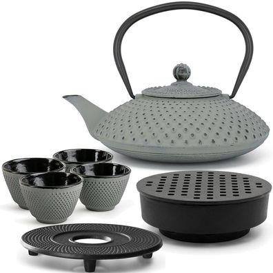 Asia Teekanne Induktion Gusseisen 1.25 L hellgrün Set & 4 Becher Untersetzer & Teewär