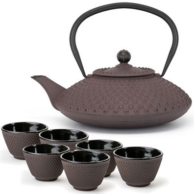 Tee Set Gusseisen lilafarbene induktive 1.25 Liter Teekanne mit 6 Teebecher