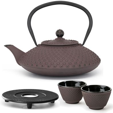 Tee Set Gusseisen lilafarbene 1.25 Liter Teekanne mit 2 Teebecher & Untersetzer