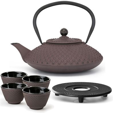 Tee Set Gusseisen lilafarbene 1.25 Liter Teekanne mit 4 Teebecher & Untersetzer