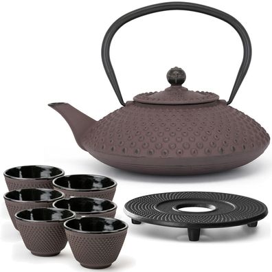 Tee Set Gusseisen lilafarbene 1.25 Liter Teekanne mit 6 Teebecher & Untersetzer