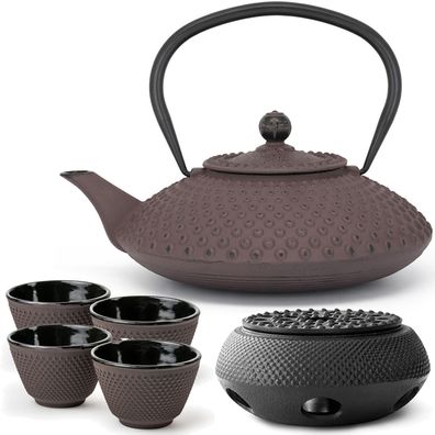 Tee Set Gusseisen lilafarbene 1.25 Liter Teekanne Induktion & 4 Becher & Stövchen