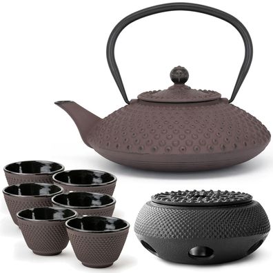 Tee Set Gusseisen lilafarbene 1.25 Liter Teekanne Induktion & 6 Becher & Stövchen