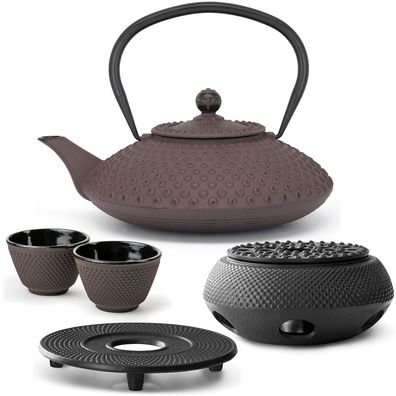 Bredemeijer Asia Teekanne Set Gusseisen 1,25 L lila 2 Becher & Stövchen & Teesieb