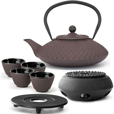 Bredemeijer Asia Teekanne Set Gusseisen 1,25 L lila 4 Becher & Stövchen & Teesieb