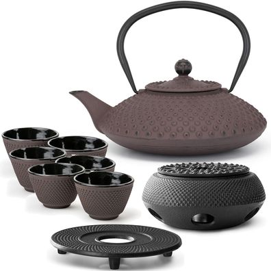 Bredemeijer Asia Teekanne Set Gusseisen 1,25 L lila 6 Becher & Stövchen & Teesieb