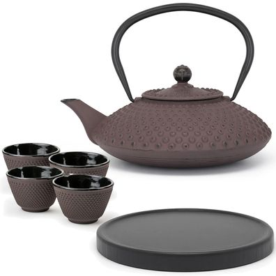 Bredemeijer Teekanne Gusseisen 1,25 L lila Set mit 4 Becher & Untersetzer schwarz