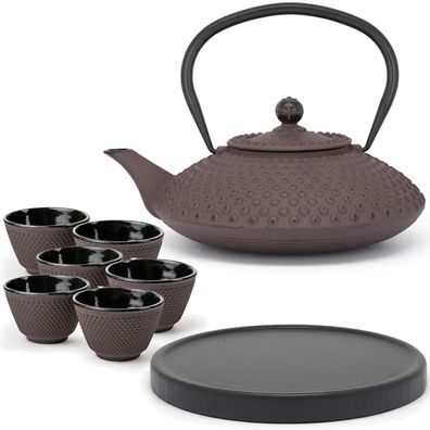 Bredemeijer Teekanne Gusseisen 1,25 L lila Set mit 6 Becher & Untersetzer schwarz